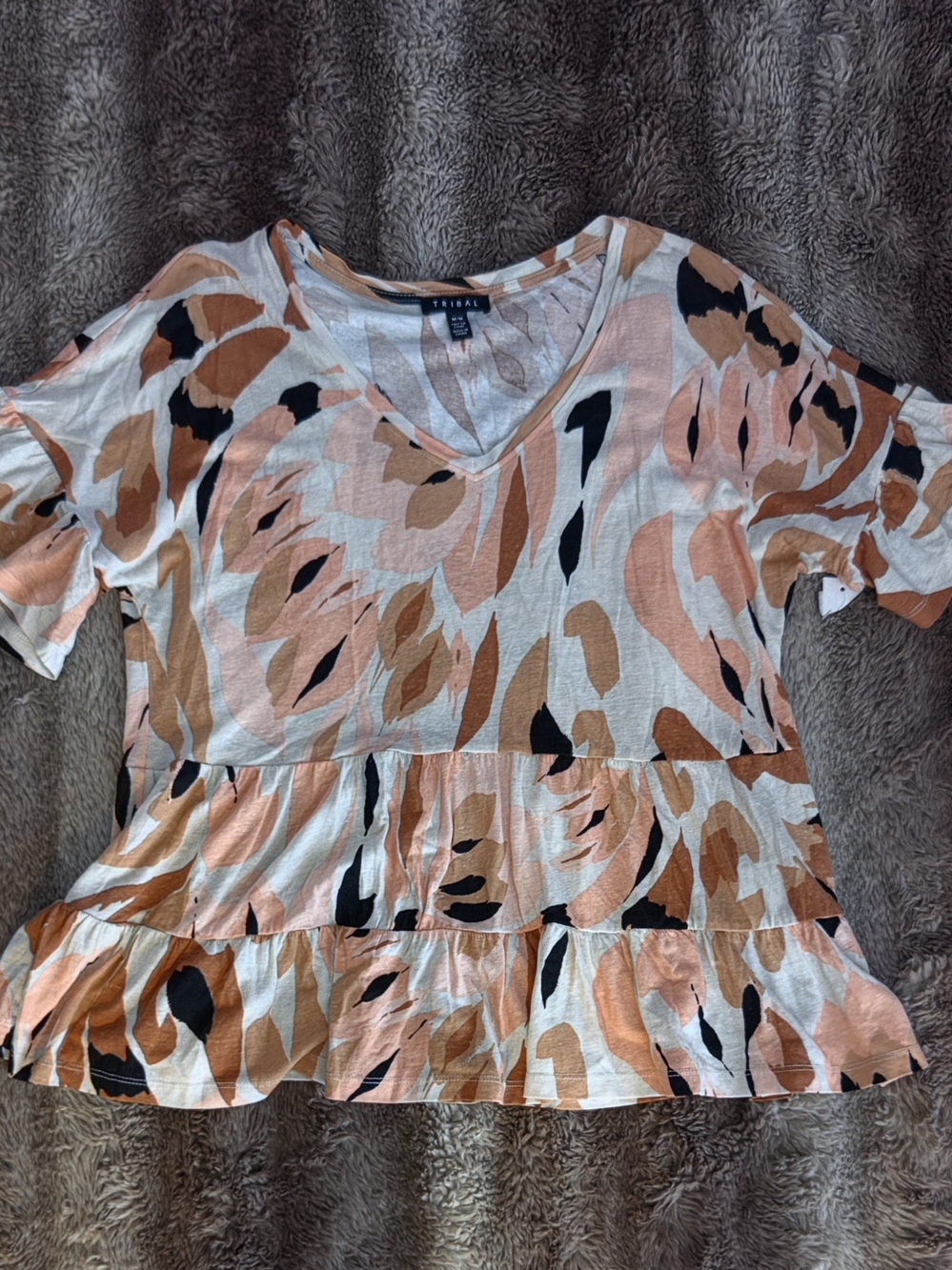 Tribal Peach Black Abstract Floral Print Ruffle Tiered Short Sleeve Top M - NWOT